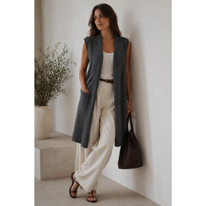 Women's Sleeveless Open Cardigan Womens Size L Gray Long Knit Vest Minimalist
